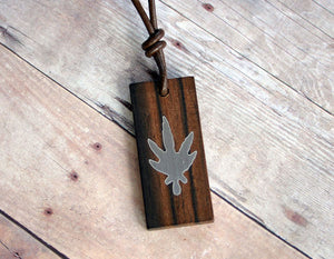 Leather Necklace With Wood Steel Pot Leaf Pendant