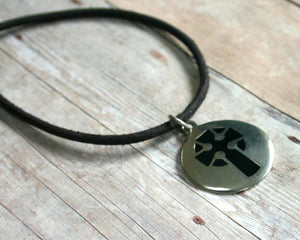 Leather Necklace With Pewter Celtic Knot Cross Pendant