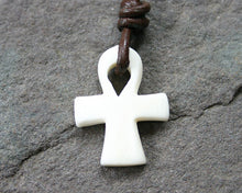 Load image into Gallery viewer, Leather Necklace Bone Pendant Ankh Cross
