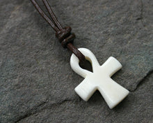 Load image into Gallery viewer, Leather Necklace Bone Pendant Ankh Cross
