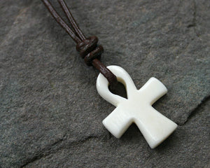 Leather Necklace Bone Pendant Ankh Cross