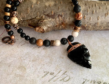 Load image into Gallery viewer, Obsidian arrowhead necklace with lava stone and copper beads
