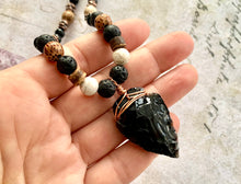 Load image into Gallery viewer, Obsidian arrowhead necklace with lava stone and copper beads
