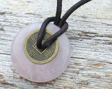 Load image into Gallery viewer, Leather Necklace With Chinese Coin And Rose Quartz Donut
