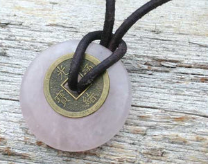 Leather Necklace With Chinese Coin And Rose Quartz Donut