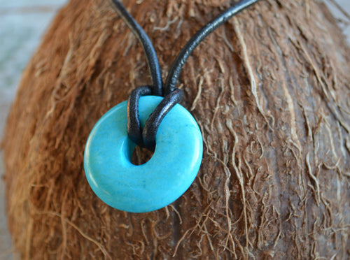 Leather Necklace With Mini Magnesite Turquoise Donut