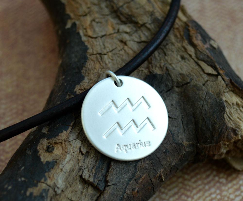 Aquarius Zodiac Sign Leather Necklace Astrology Gift - sunnybeachjewelry