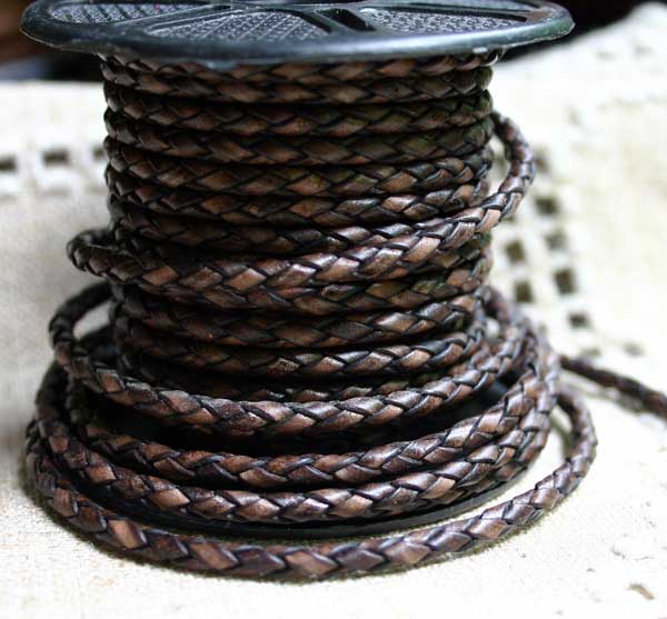 Braided Bolo Leather Cord Antique Brown Round 3mm  - 1 meter - sunnybeachjewelry