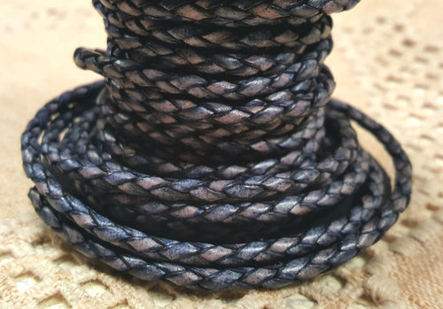 Braided Bolo Leather Cord Antique Pacific Blue Round 3mm  - 1 meter - sunnybeachjewelry