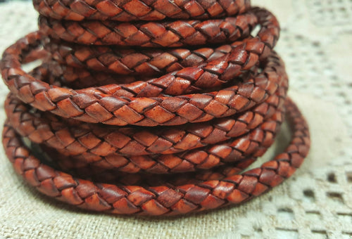 Braided Bolo Leather Cord Antique Tan Round 6mm  - 1 meter - sunnybeachjewelry