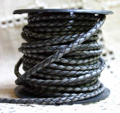 Braided Bolo Leather Cord Black Grey Round 3mm  - 1 meter - sunnybeachjewelry