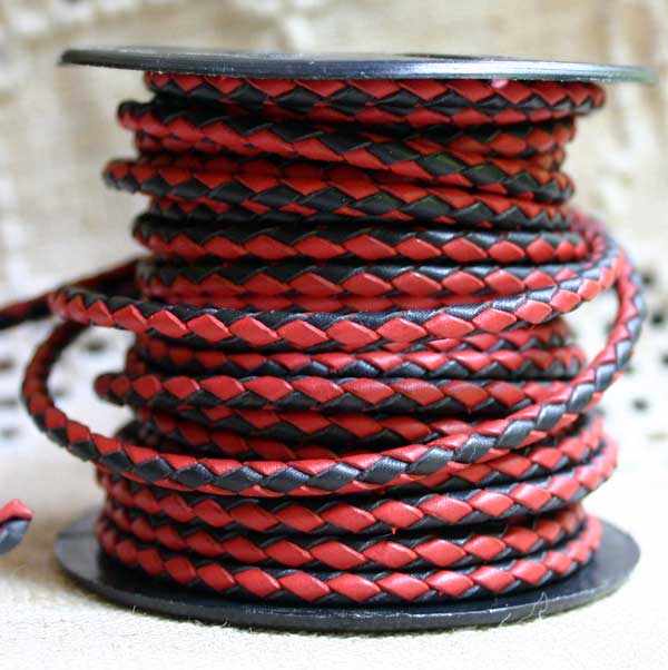 Braided Bolo Leather Cord Black Red Round 3mm  - 1 meter - sunnybeachjewelry