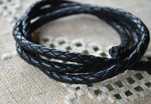 Braided Bolo Leather Cord Black Round 4mm  - 1 meter - sunnybeachjewelry
