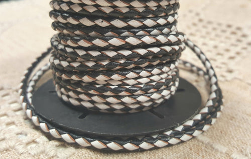 Braided Bolo Leather Cord Black White Round 3mm  - 1 meter - sunnybeachjewelry