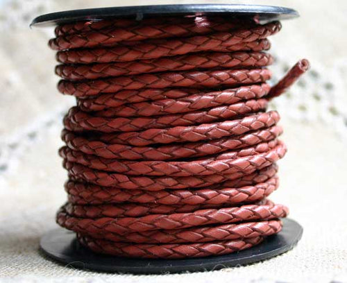Braided Bolo Leather Cord Dull Red Round 3mm  - 1 meter - sunnybeachjewelry