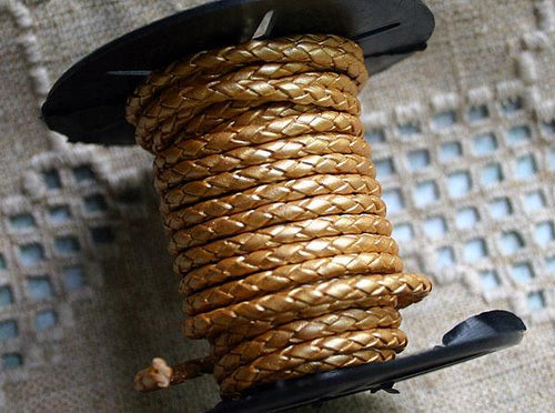 Braided Bolo Leather Cord Gold Metallic Round 3mm  - 1 meter - sunnybeachjewelry