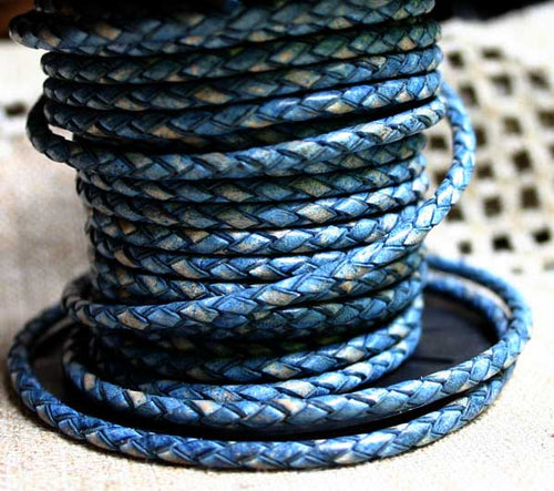Braided Bolo Leather Cord Natural Blue Round 3mm  - 1 meter - sunnybeachjewelry
