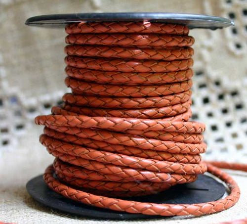 Braided Bolo Leather Cord Orange Round 3mm  - 1 meter - sunnybeachjewelry