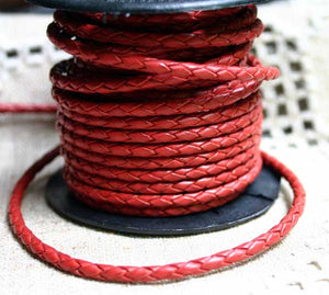 Braided Bolo Leather Cord Red Round 3mm  - 1 meter - sunnybeachjewelry