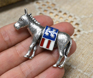 Brooch Donkey with USA Flag SIlver Pewter 48x33mm - sunnybeachjewelry