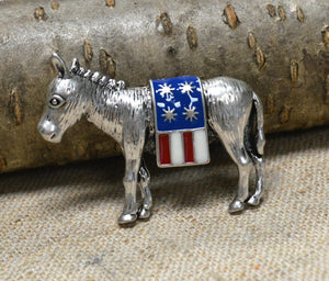 Brooch Donkey with USA Flag SIlver Pewter 48x33mm - sunnybeachjewelry