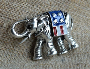 Brooch Elephant with USA Flag SIlver Pewter 49x33mm - sunnybeachjewelry