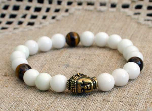 Buddha Yoga Bracelet Energy Power White Mountain Jade Tigereye - sunnybeachjewelry