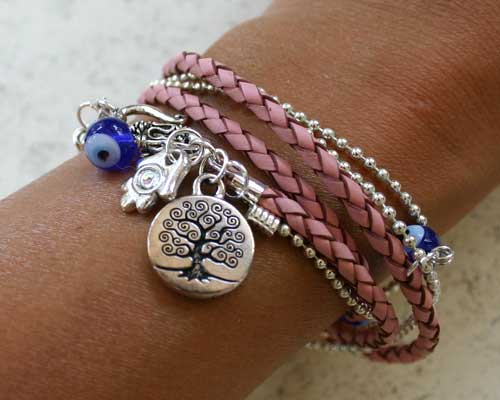 Evil Eye Protection Rose Leather And Chain Bracelet With Tree Of Life And Hamsa - sunnybeachjewelry