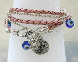 Evil Eye Protection Rose Leather And Chain Bracelet With Tree Of Life And Hamsa - sunnybeachjewelry
