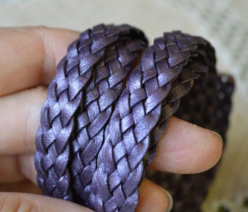 Flat Braided Leather Berry Purple Metallic 10mm  - 1 meter - sunnybeachjewelry