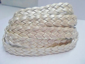 Flat Braided Leather Pearl Metallic 10mm  - 1 meter - sunnybeachjewelry
