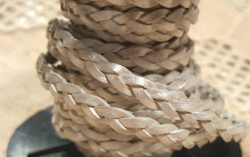 Flat Braided Leather Pearl Metallic 5mm  - 1 meter - sunnybeachjewelry
