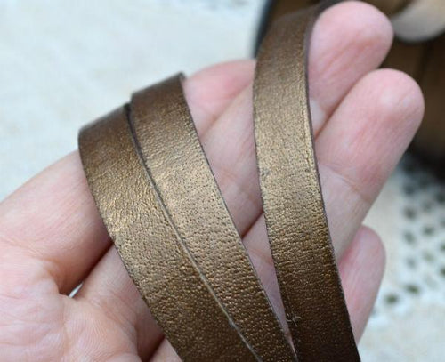 Flat Leather Strap Kansa Metallic 10mm  - 1 meter - sunnybeachjewelry