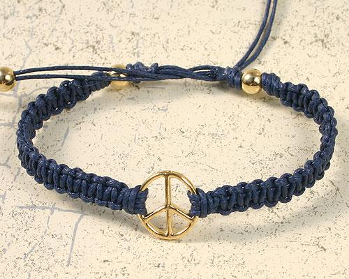 Friendship Bracelet Gold Peace Sign On Cotton Cord - sunnybeachjewelry