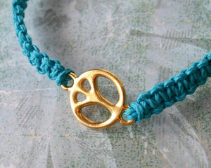 Friendship Bracelet Gold Peace Sign On Hemp Cord - sunnybeachjewelry