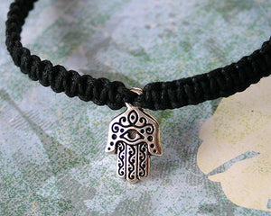 Friendship Bracelet Silver Hamsa Hand On Cotton Cord - sunnybeachjewelry