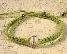 Load image into Gallery viewer, Friendship Bracelet Silver Peace Sign On Cotton Cord - sunnybeachjewelry
