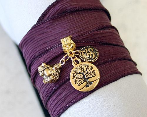 Hand Dyed Silk Ribbon Wrap Bracelet Burgundy Gold Tree of Life - sunnybeachjewelry