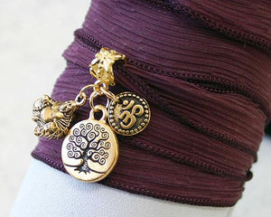 Hand Dyed Silk Ribbon Wrap Bracelet Burgundy Gold Tree of Life - sunnybeachjewelry