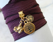 Load image into Gallery viewer, Hand Dyed Silk Ribbon Wrap Bracelet Burgundy Gold Tree of Life - sunnybeachjewelry
