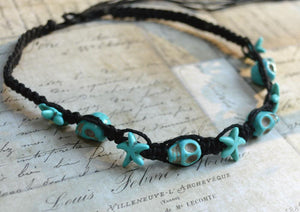 Hemp Necklace Black with Skulls and Blue Starfish - sunnybeachjewelry