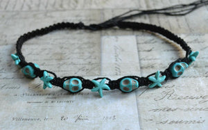 Hemp Necklace Black with Skulls and Blue Starfish - sunnybeachjewelry
