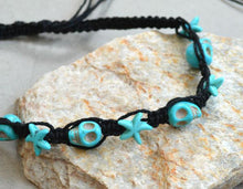 Load image into Gallery viewer, Hemp Necklace Black with Skulls and Blue Starfish - sunnybeachjewelry

