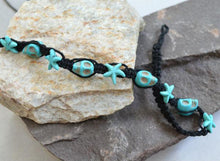 Load image into Gallery viewer, Hemp Necklace Black with Skulls and Blue Starfish - sunnybeachjewelry
