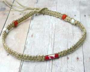 Hemp Necklace Natural with Canada Flag Beads - sunnybeachjewelry