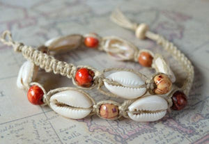 Hemp Necklace Natural with Cowrie Shells and Asian Wood Beads - sunnybeachjewelry