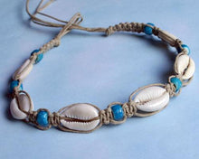Load image into Gallery viewer, Hemp Necklace Natural with Cowrie Shells and Blue Beads - sunnybeachjewelry
