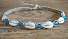 Load image into Gallery viewer, Hemp Necklace Natural with Cowrie Shells and Blue Beads - sunnybeachjewelry
