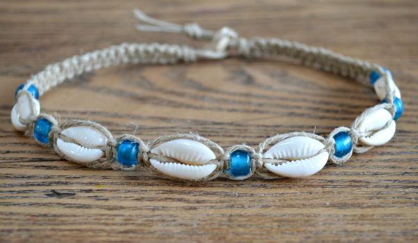 Hemp Necklace Natural with Cowrie Shells and Blue Beads - sunnybeachjewelry