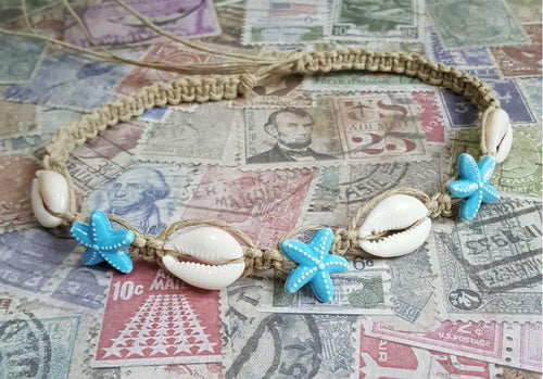 Hemp Necklace Natural with Cowrie Shells and Blue Magnesite Starfish - sunnybeachjewelry